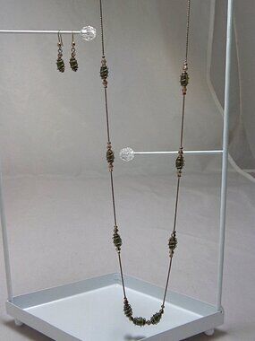 Vintage 29" Necklace Wire Wrapped Gray Green Beads with Matching Earrings
